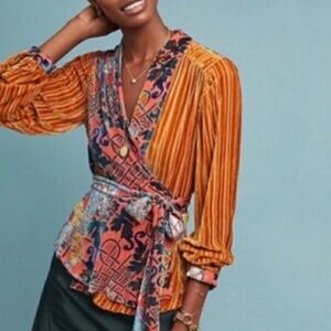 Anthropologie Moulinette Soeurs Velvet Burnout Wrap Top Pleated Sleeve Size SP